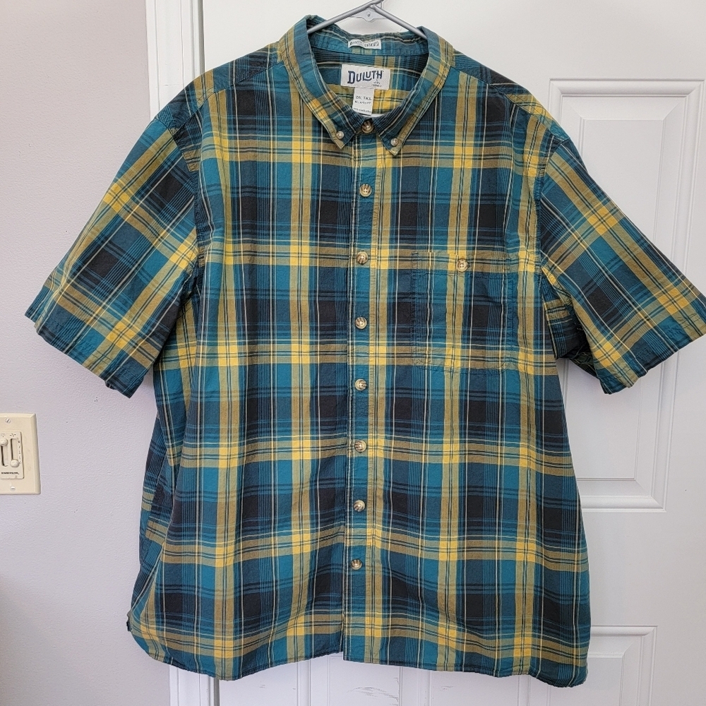 Duluth Trading Co Mens Short Sleeve Button Down Blue Yellow Plaid Shirt 2XL Tall